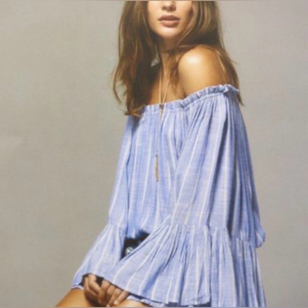 Elan Light Blue Stripe Off-Shoulder Blouse
